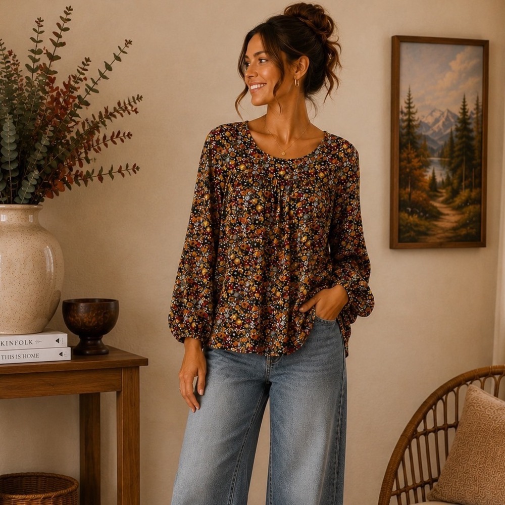 Emery Rose Floral Long Sleeve Blouse Medium Multicolor Boho Balloon‎ Sleeve Top